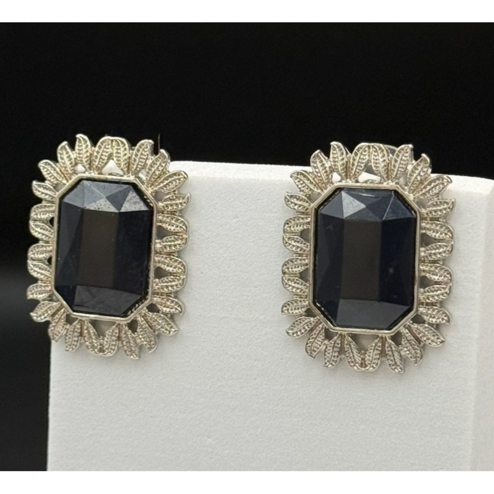 Vintage Womens Silver Pleated Black Rhinestone Fashion Wedding Earrings